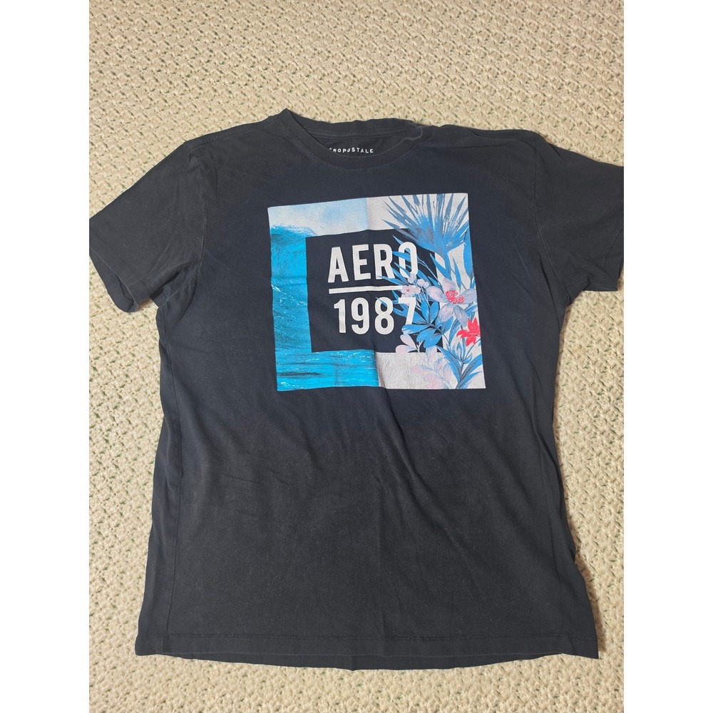 Aeropostale Graphic T-Shirt Mens M Black Excellent Tropical Floral Aero 1987